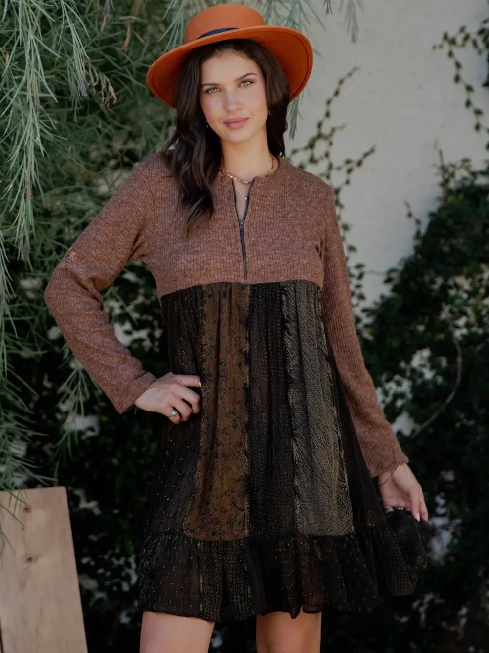 YOUNG THREADS Boho Soft Knit Mixed  Long-Sleeve Dress